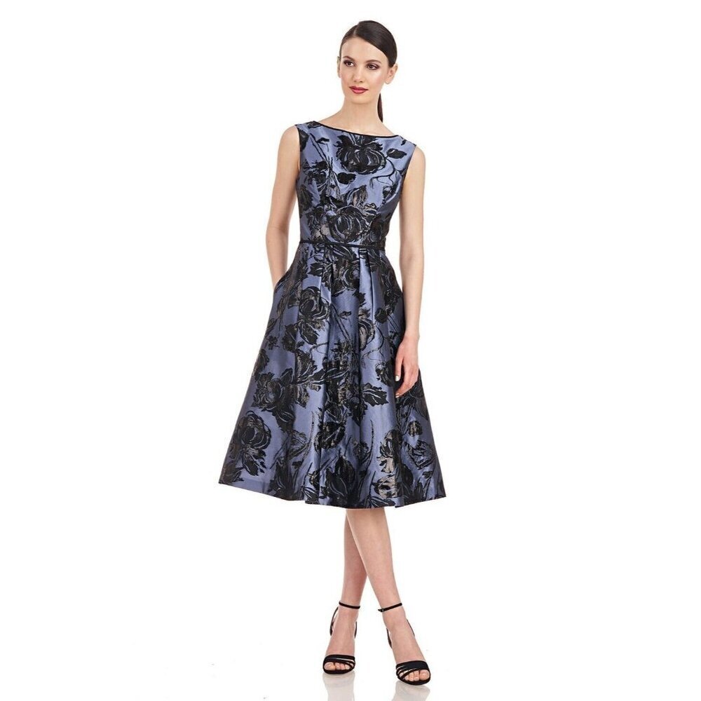 Kay Unger Peony metallic jacquard Jackie Midi Dress Size 2